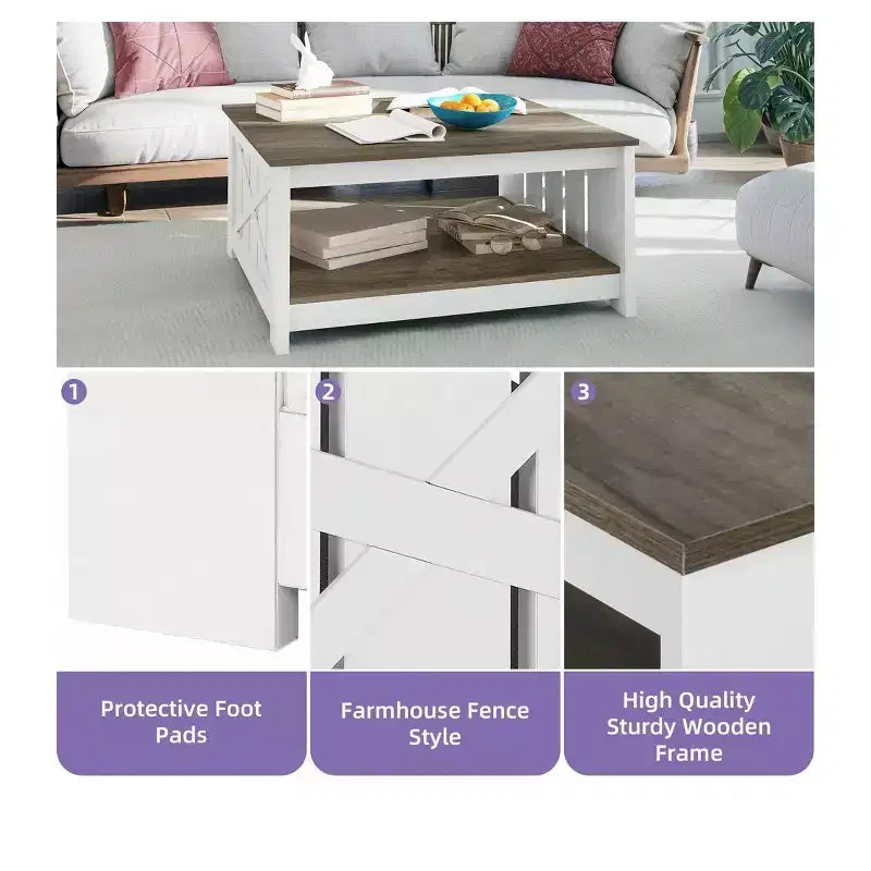 Tavolino da Caffè Quadrato in Legno con Vano Contenitore Semi-aperto, Nero/Marrone/Grigio/Bianco Sporco/Multicolore, 1 Posto