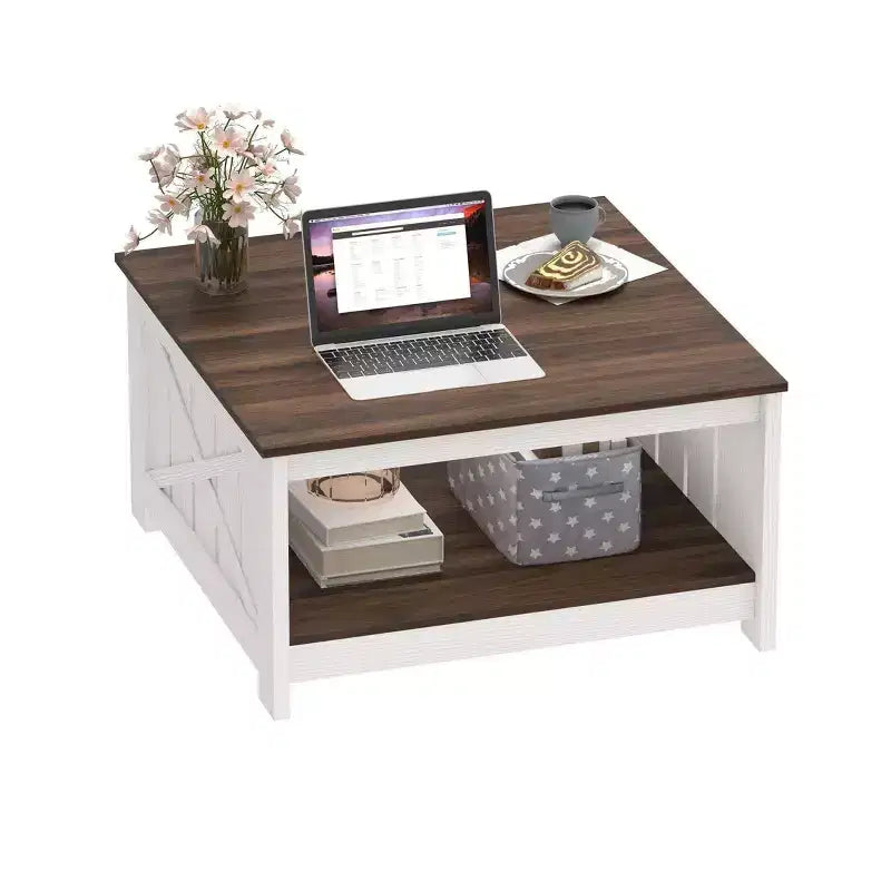 Tavolino da Caffè Quadrato in Legno con Vano Contenitore Semi-aperto, Nero/Marrone/Grigio/Bianco Sporco/Multicolore, 1 Posto
