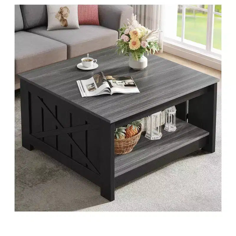 Tavolino da Caffè Quadrato in Legno con Vano Contenitore Semi-aperto, Nero/Marrone/Grigio/Bianco Sporco/Multicolore, 1 Posto