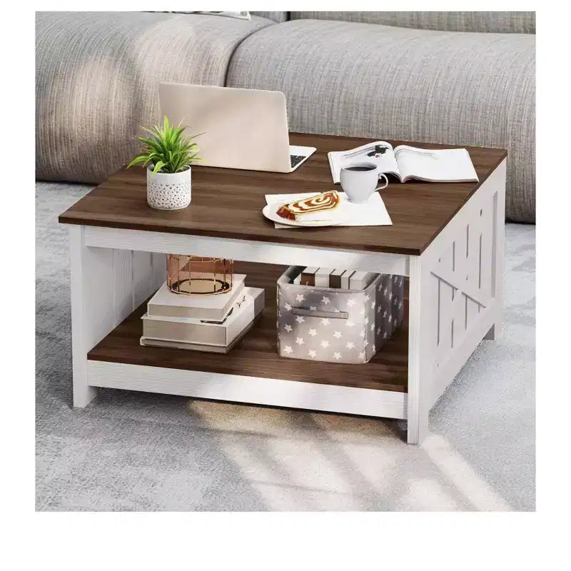 Tavolino da Caffè Quadrato in Legno con Vano Contenitore Semi-aperto, Nero/Marrone/Grigio/Bianco Sporco/Multicolore, 1 Posto