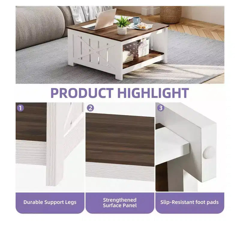Tavolino da Caffè Quadrato in Legno con Vano Contenitore Semi-aperto, Nero/Marrone/Grigio/Bianco Sporco/Multicolore, 1 Posto