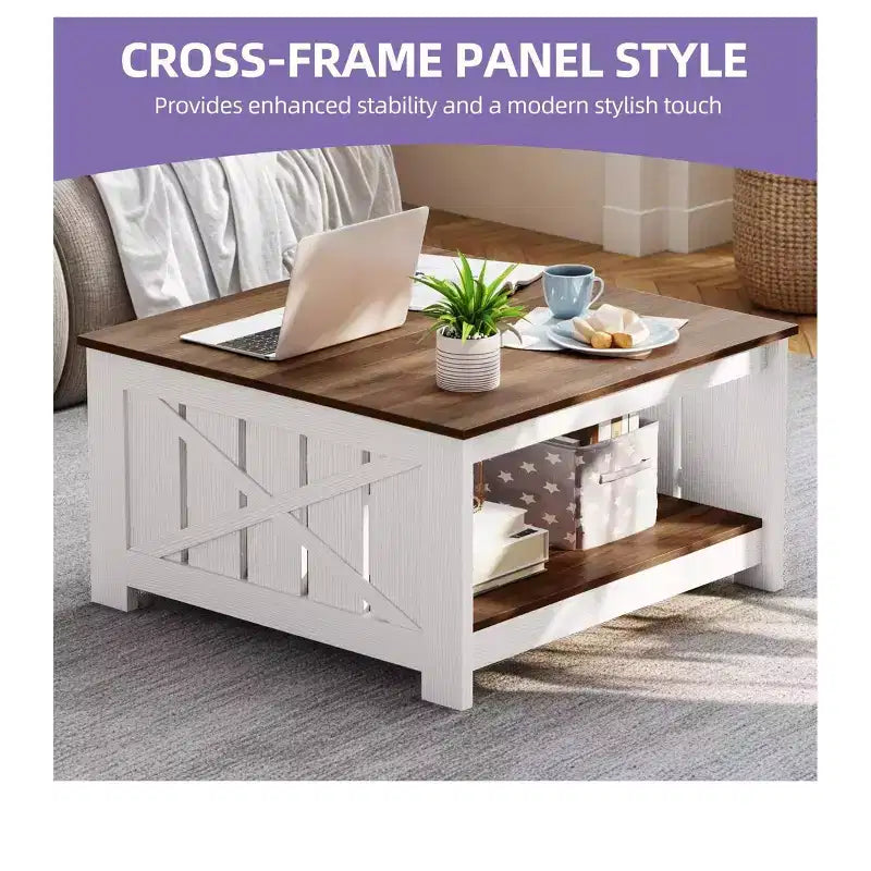 Tavolino da Caffè Quadrato in Legno con Vano Contenitore Semi-aperto, Nero/Marrone/Grigio/Bianco Sporco/Multicolore, 1 Posto