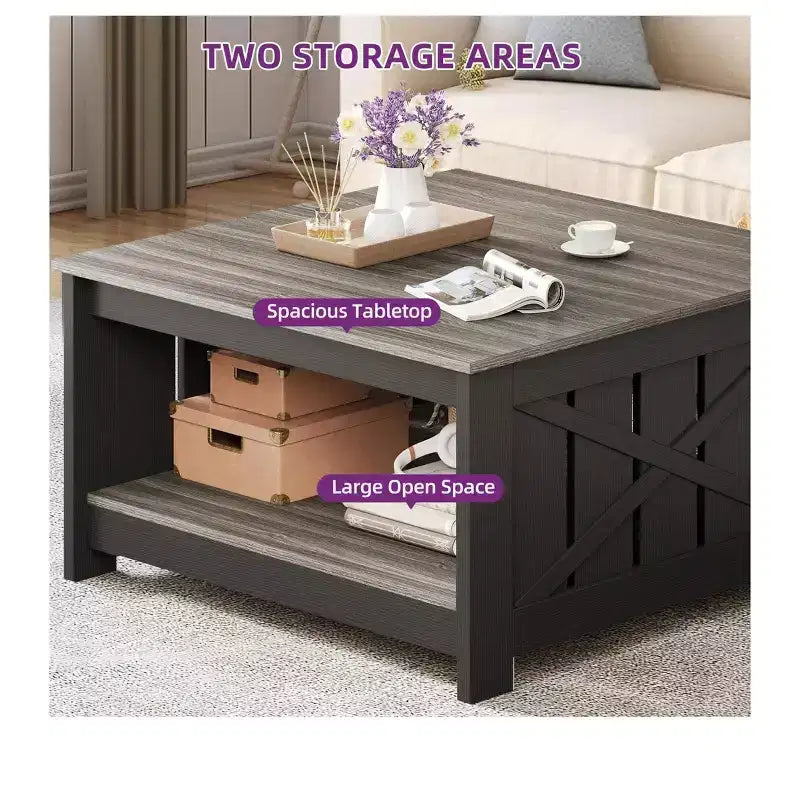 Tavolino da Caffè Quadrato in Legno con Vano Contenitore Semi-aperto, Nero/Marrone/Grigio/Bianco Sporco/Multicolore, 1 Posto