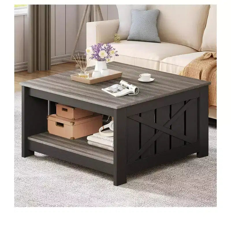 Tavolino da Caffè Quadrato in Legno con Vano Contenitore Semi-aperto, Nero/Marrone/Grigio/Bianco Sporco/Multicolore, 1 Posto