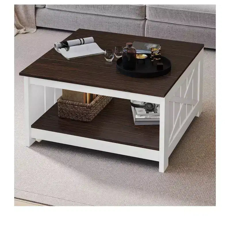 Tavolino da Caffè Quadrato in Legno con Vano Contenitore Semi-aperto, Nero/Marrone/Grigio/Bianco Sporco/Multicolore, 1 Posto