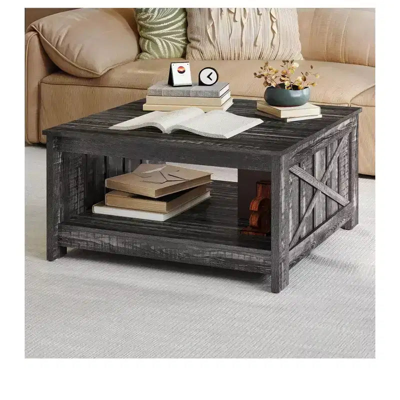 Tavolino da Caffè Quadrato in Legno con Vano Contenitore Semi-aperto, Nero/Marrone/Grigio/Bianco Sporco/Multicolore, 1 Posto
