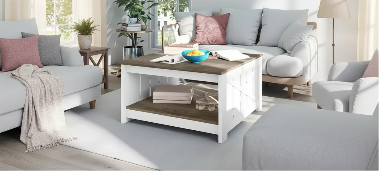 Coffee Table With Storage Farmhouse Coffee Table Wood Cocktail Table Square Living Room Table With Half Open Storage Compartment
