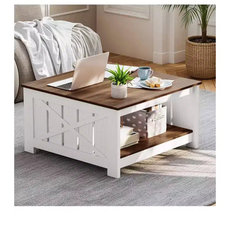 Tavolino da Caffè Quadrato in Legno con Vano Contenitore Semi-aperto, Nero/Marrone/Grigio/Bianco Sporco/Multicolore, 1 Posto