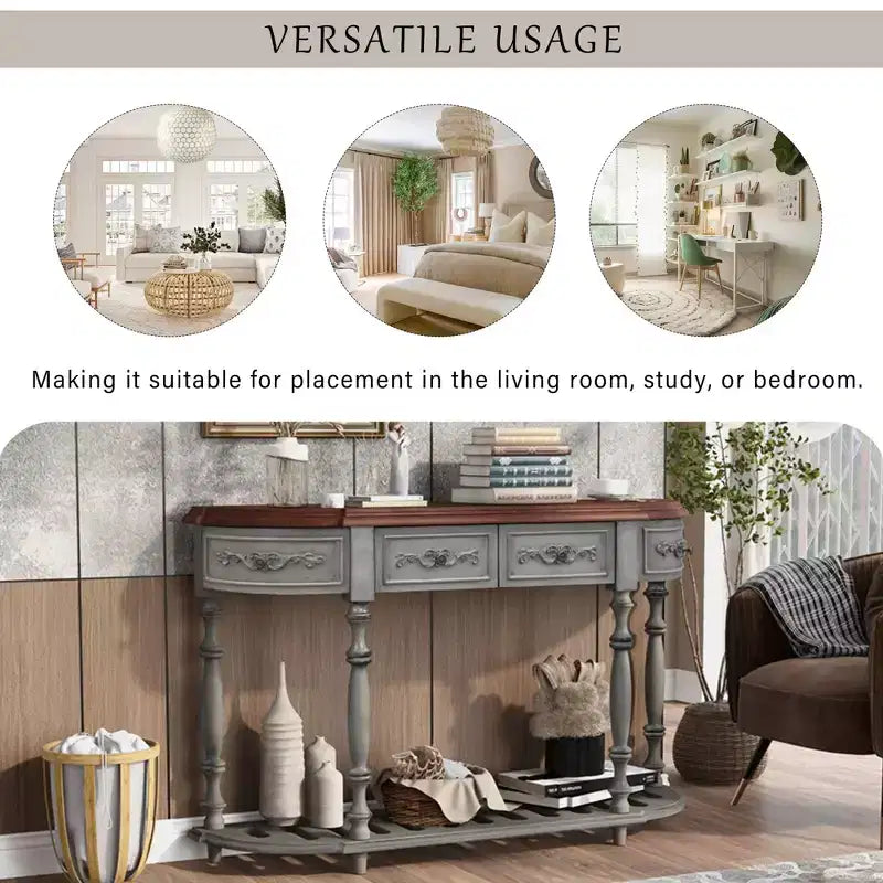 Tavolino Consolle Semicircolare Grigio e Marrone con 4 Cassetti e 1 Ripiano, Posti a Sedere 1