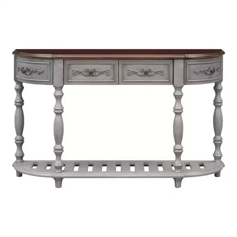 Tavolino Consolle Semicircolare Grigio e Marrone con 4 Cassetti e 1 Ripiano, Posti a Sedere 1