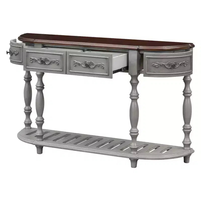 Tavolino Consolle Semicircolare Grigio e Marrone con 4 Cassetti e 1 Ripiano, Posti a Sedere 1