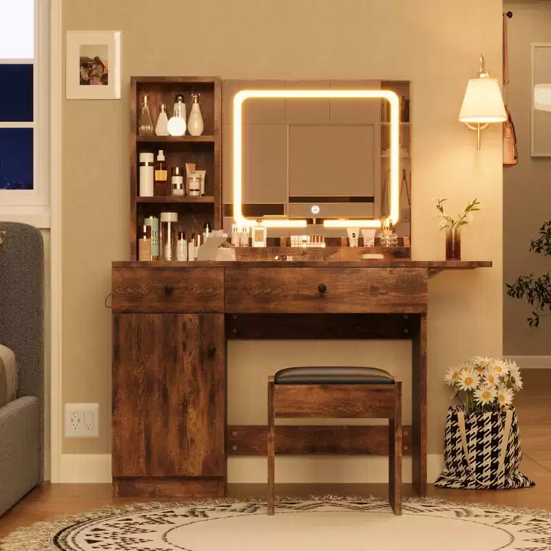 Toeletta Trucco con Specchio e Luci, Set Comò con Sedia e 3 Ripiani, Camera da Letto, Marrone