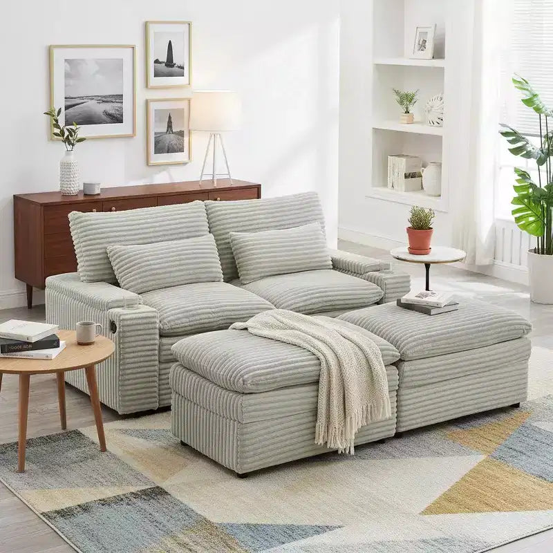 Divanetto in velluto a coste con due pouf mobili, 4 posti, nero/grigio/verde