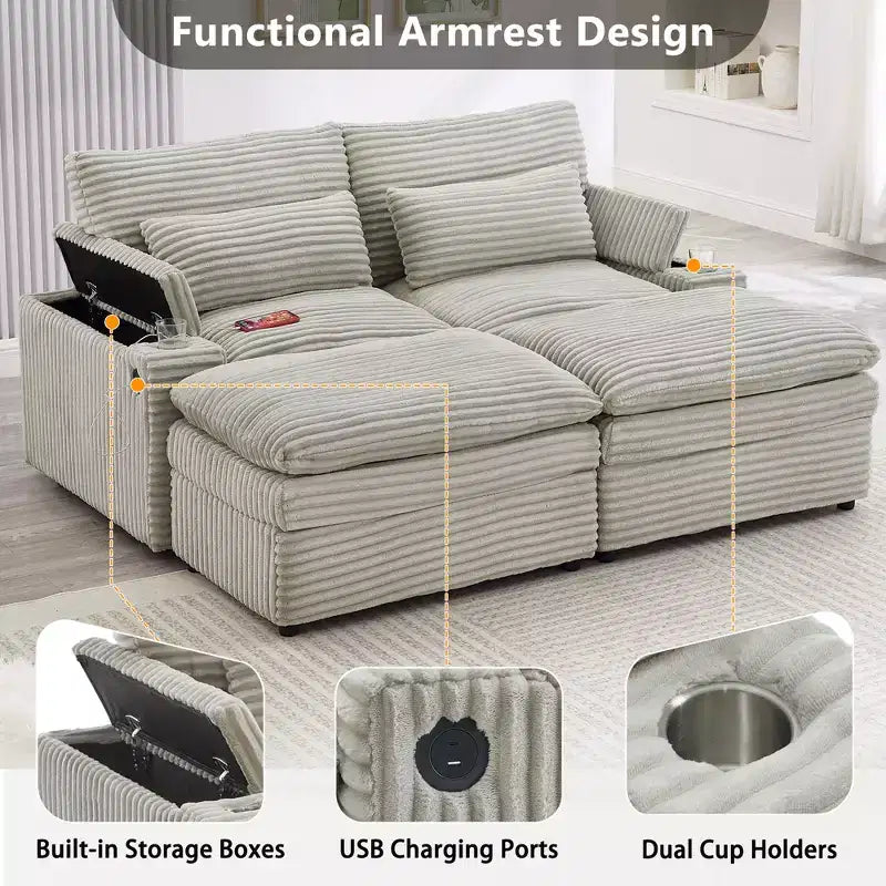 Divanetto in velluto a coste con due pouf mobili, 4 posti, nero/grigio/verde