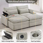 Divanetto in velluto a coste con due pouf mobili, 4 posti, nero/grigio/verde