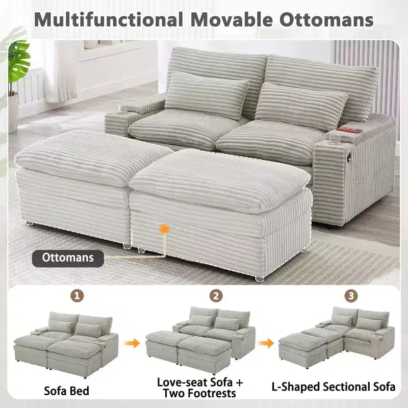 Divanetto in velluto a coste con due pouf mobili, 4 posti, nero/grigio/verde
