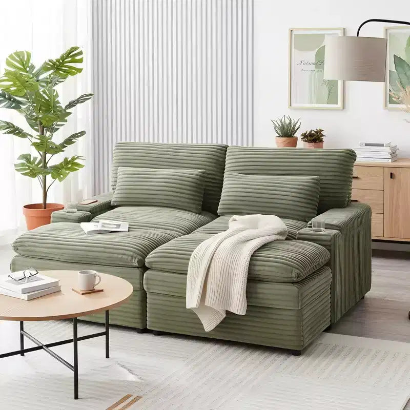Divanetto in velluto a coste con due pouf mobili, 4 posti, nero/grigio/verde