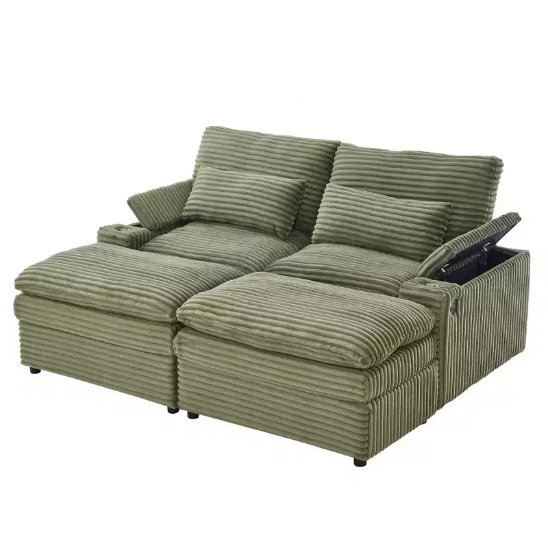 Divanetto in velluto a coste con due pouf mobili, 4 posti, nero/grigio/verde