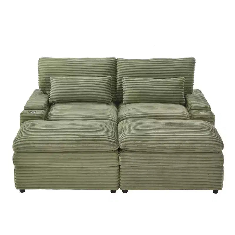 Divanetto in velluto a coste con due pouf mobili, 4 posti, nero/grigio/verde