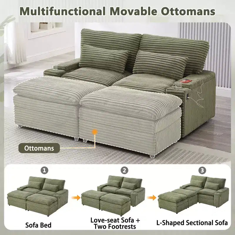 Divanetto in velluto a coste con due pouf mobili, 4 posti, nero/grigio/verde