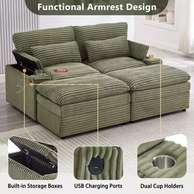 Divanetto in velluto a coste con due pouf mobili, 4 posti, nero/grigio/verde