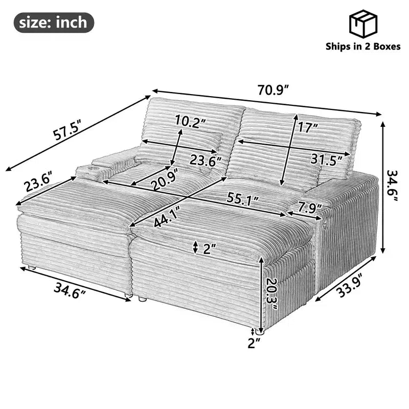 Divanetto in velluto a coste con due pouf mobili, 4 posti, nero/grigio/verde