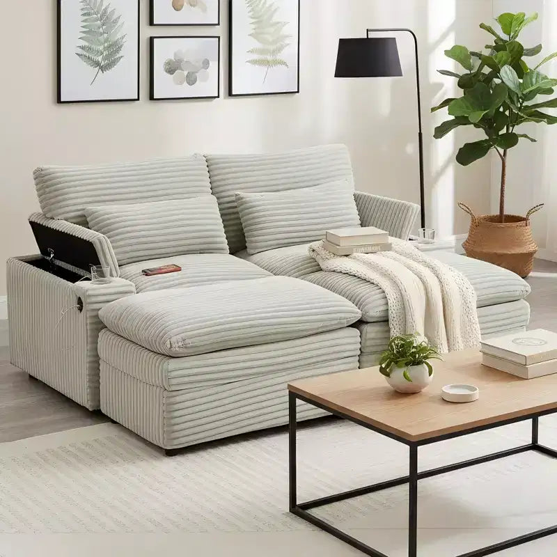 Divanetto in velluto a coste con due pouf mobili, 4 posti, nero/grigio/verde