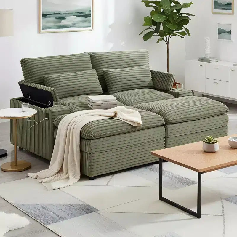 Divanetto in velluto a coste con due pouf mobili, 4 posti, nero/grigio/verde