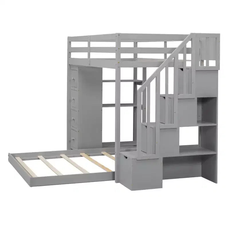 Letto a castello a L con due letti singoli sovrapposti, scale con contenitore, 4 cassetti e mensole, grigio/bianco, per bambini, ragazzi e adulti