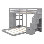 Letto a castello a L con due letti singoli sovrapposti, scale con contenitore, 4 cassetti e mensole, grigio/bianco, per bambini, ragazzi e adulti