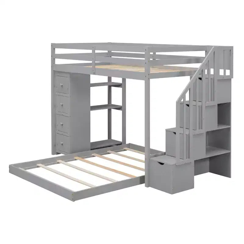 Letto a castello a L con due letti singoli sovrapposti, scale con contenitore, 4 cassetti e mensole, grigio/bianco, per bambini, ragazzi e adulti