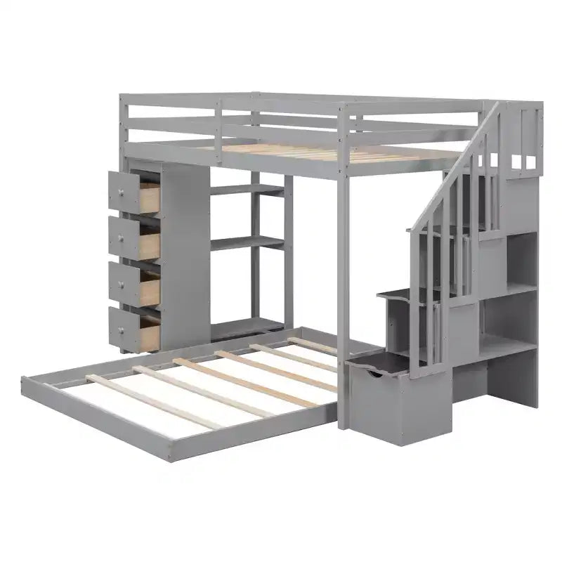 Letto a castello a L con due letti singoli sovrapposti, scale con contenitore, 4 cassetti e mensole, grigio/bianco, per bambini, ragazzi e adulti