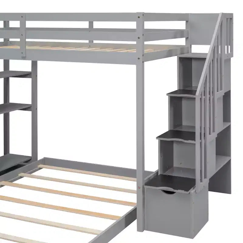 Letto a castello a L con due letti singoli sovrapposti, scale con contenitore, 4 cassetti e mensole, grigio/bianco, per bambini, ragazzi e adulti