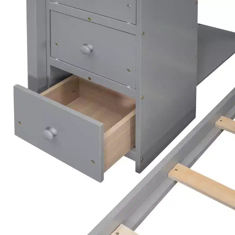Letto a castello a L con due letti singoli sovrapposti, scale con contenitore, 4 cassetti e mensole, grigio/bianco, per bambini, ragazzi e adulti