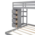 Letto a castello a L con due letti singoli sovrapposti, scale con contenitore, 4 cassetti e mensole, grigio/bianco, per bambini, ragazzi e adulti