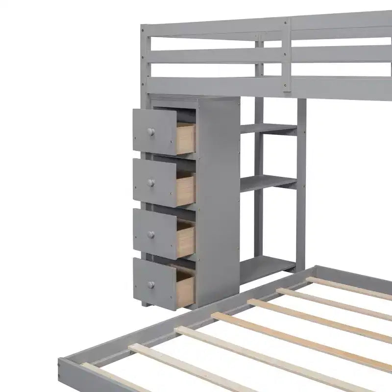 Letto a castello a L con due letti singoli sovrapposti, scale con contenitore, 4 cassetti e mensole, grigio/bianco, per bambini, ragazzi e adulti
