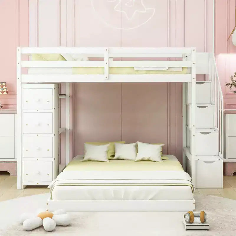 Letto a castello a L con due letti singoli sovrapposti, scale con contenitore, 4 cassetti e mensole, grigio/bianco, per bambini, ragazzi e adulti