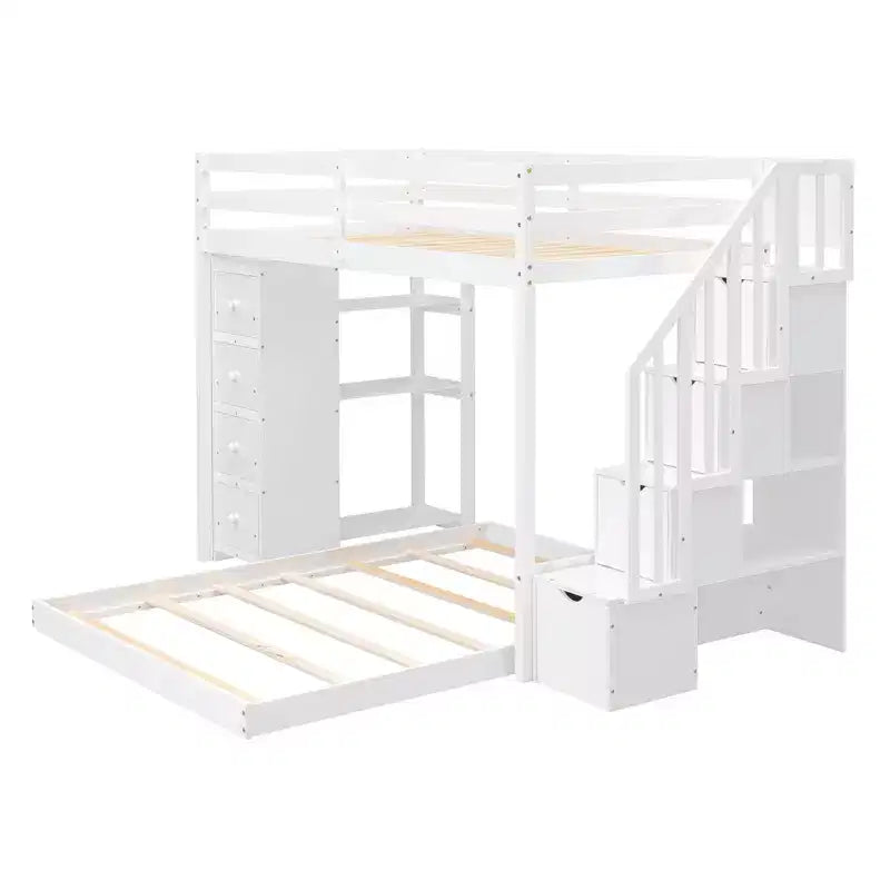 Letto a castello a L con due letti singoli sovrapposti, scale con contenitore, 4 cassetti e mensole, grigio/bianco, per bambini, ragazzi e adulti
