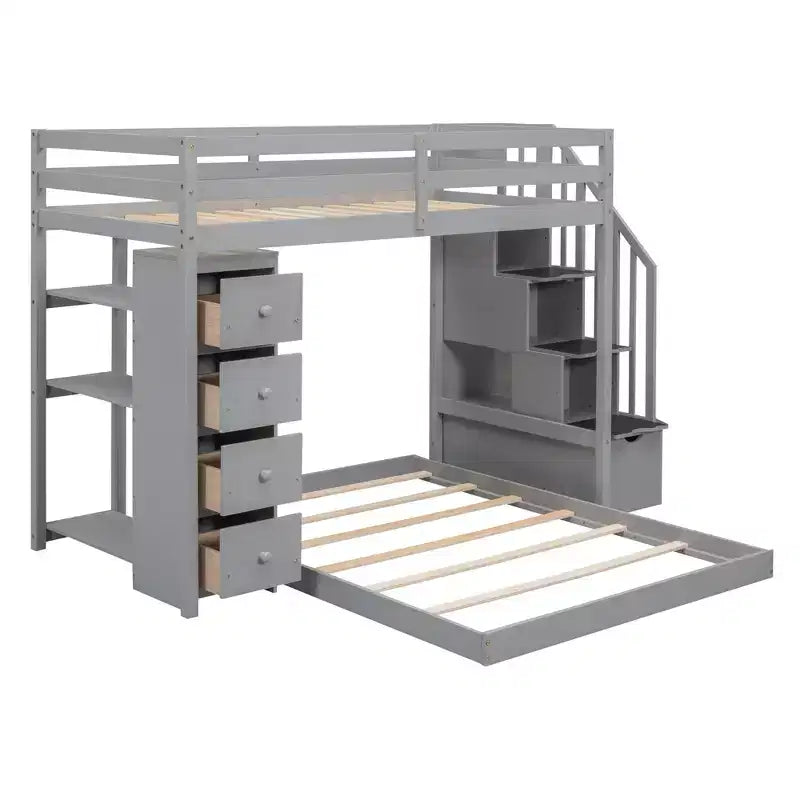 Letto a castello a L con due letti singoli sovrapposti, scale con contenitore, 4 cassetti e mensole, grigio/bianco, per bambini, ragazzi e adulti