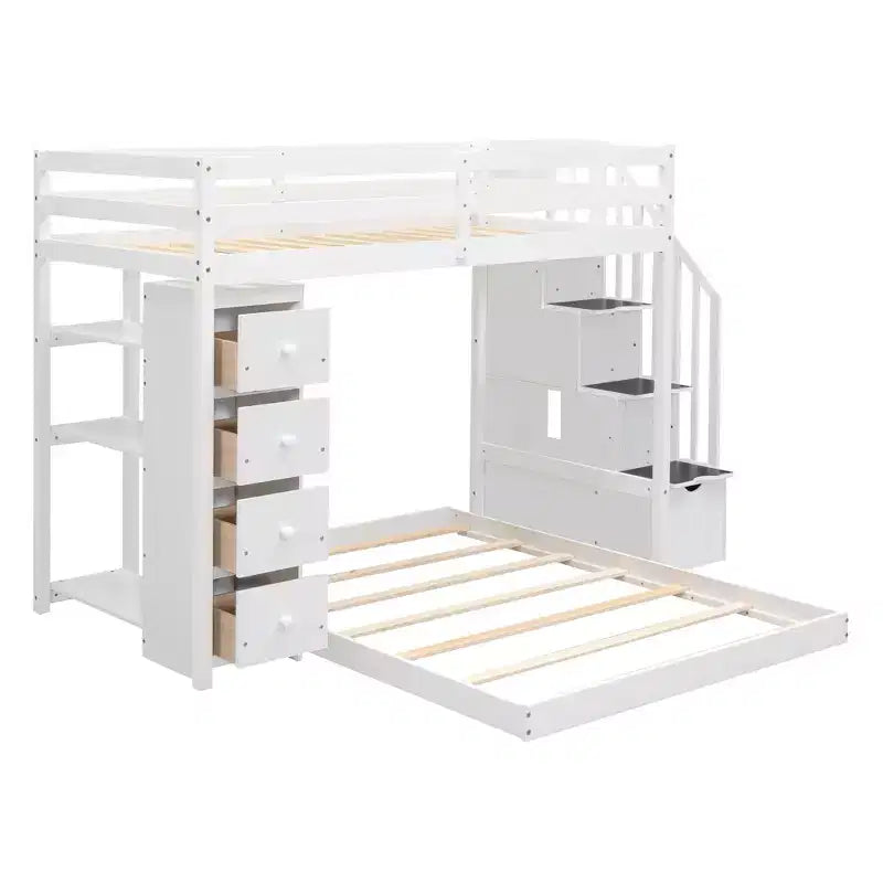Letto a castello a L con due letti singoli sovrapposti, scale con contenitore, 4 cassetti e mensole, grigio/bianco, per bambini, ragazzi e adulti