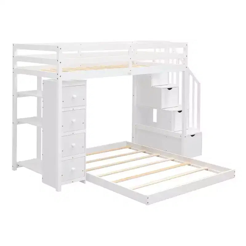 Letto a castello a L con due letti singoli sovrapposti, scale con contenitore, 4 cassetti e mensole, grigio/bianco, per bambini, ragazzi e adulti