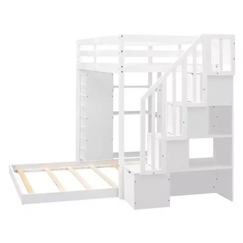 Letto a castello a L con due letti singoli sovrapposti, scale con contenitore, 4 cassetti e mensole, grigio/bianco, per bambini, ragazzi e adulti