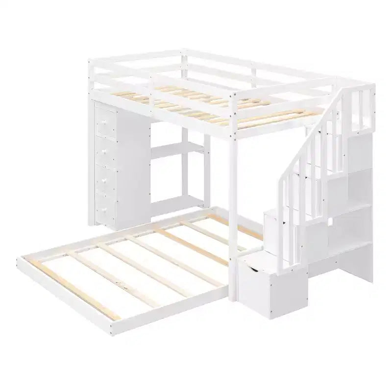 Letto a castello a L con due letti singoli sovrapposti, scale con contenitore, 4 cassetti e mensole, grigio/bianco, per bambini, ragazzi e adulti