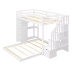 Letto a castello a L con due letti singoli sovrapposti, scale con contenitore, 4 cassetti e mensole, grigio/bianco, per bambini, ragazzi e adulti