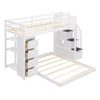 Letto a castello a L con due letti singoli sovrapposti, scale con contenitore, 4 cassetti e mensole, grigio/bianco, per bambini, ragazzi e adulti