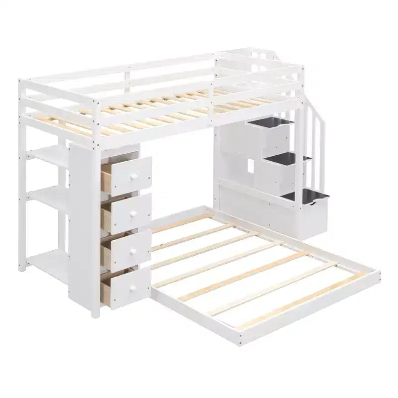 Letto a castello a L con due letti singoli sovrapposti, scale con contenitore, 4 cassetti e mensole, grigio/bianco, per bambini, ragazzi e adulti