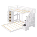 Letto a castello a L con due letti singoli sovrapposti, scale con contenitore, 4 cassetti e mensole, grigio/bianco, per bambini, ragazzi e adulti