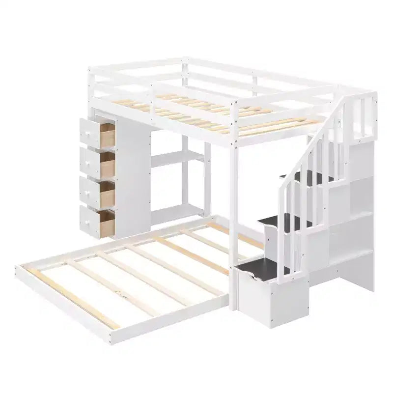 Letto a castello a L con due letti singoli sovrapposti, scale con contenitore, 4 cassetti e mensole, grigio/bianco, per bambini, ragazzi e adulti