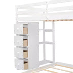 Letto a castello a L con due letti singoli sovrapposti, scale con contenitore, 4 cassetti e mensole, grigio/bianco, per bambini, ragazzi e adulti