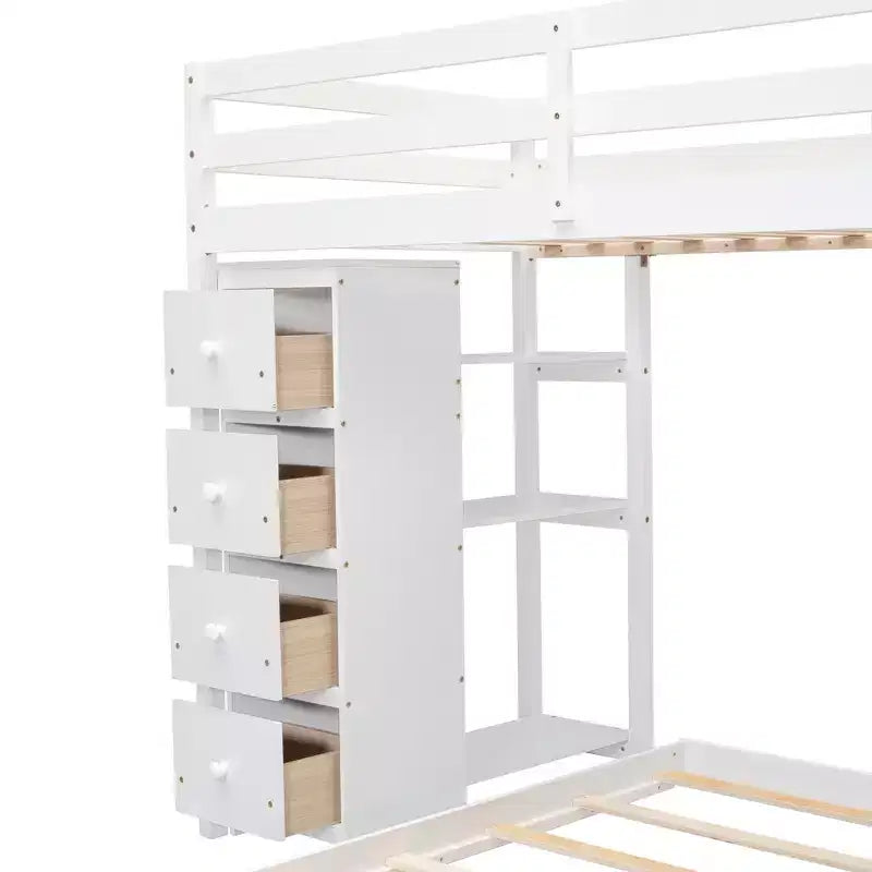 Letto a castello a L con due letti singoli sovrapposti, scale con contenitore, 4 cassetti e mensole, grigio/bianco, per bambini, ragazzi e adulti
